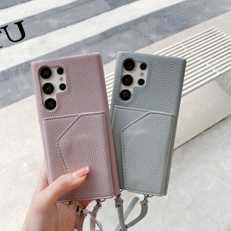 Mobile phone case for Samsung S23 litchi pattern card insert beauty mirror diagonal mobile phone case S21/S22/A52 cross-border model for women_voghion.com
