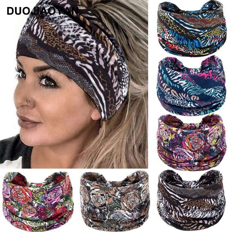 New Leopard Print Digital Printed Sports Headband with European and American Knotted Cross Wide Edge Elastic Headband for Women_voghion.com