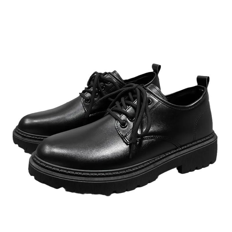 Spring And Autumn Low-top Lace-up Black British Style Work Thick-soled Men's Casual Leather Shoes_voghion.com