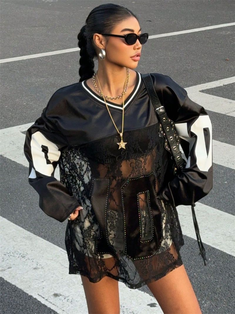 Damenbekleidung Sommer Neue Damenbekleidung Persönlichkeit Trendy Style Bedruckte Spitze Durchsichtiges Sweatshirt mit V-Ausschnitt_voghion.com