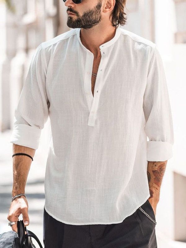 Unbeatable Quality Men's Casual 2024 New Stand Up Collar Door Tube Solid Color Long Sleeved Bamboo Cotton Linen Shirt_voghion.com