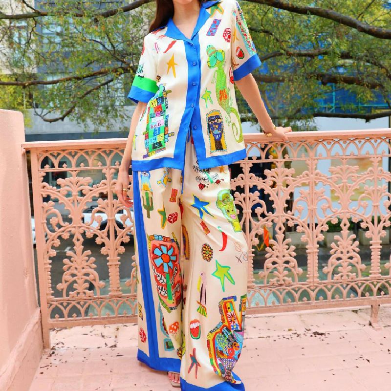 Vêtements pour femmes, chemise à revers en satin imprimé graffiti, manches courtes + pantalon, costume deux pièces décontracté_voghion.com