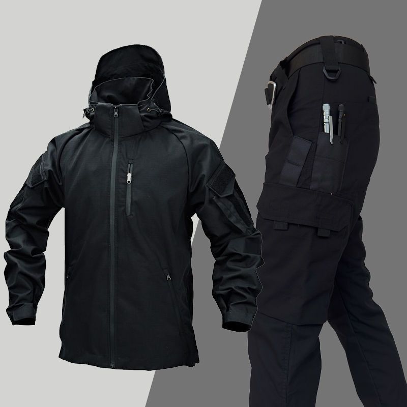 Taktisches Outdoor-Frog-Anzug-Set für Herren, Frühling/Herbst, wasserdichte Windjacke und Hose, Trainingsoutfit im Militärstil (Schwarz/Grau)_voghion.com