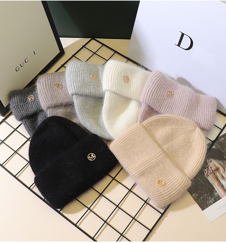 Nuovo cappello di pelliccia di coniglio con flangia a doppia piega, autunno e inverno, cappello di lana femminile, celebrità di Internet, cappello lavorato a maglia standard, protezione per le orecchie calda invernale_voghion.com