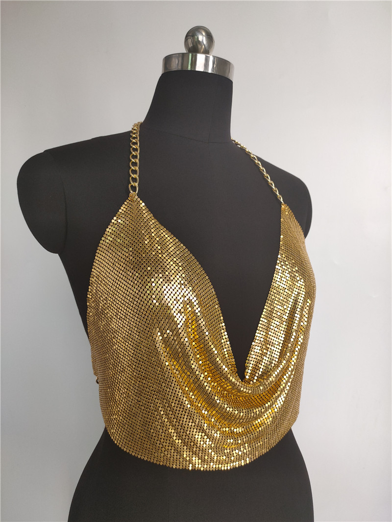 Gilet con paillettes e diamanti in stile discoteca sexy con catena in metallo, scollo a V e scollo all'americana_voghion.com