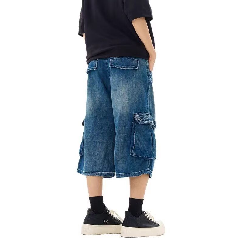 Summer New American Style Loose Fit Three-Dimensional Pocket Capri Pants Unisex Cargo Denim Shorts Versatile Slimming_voghion.com
