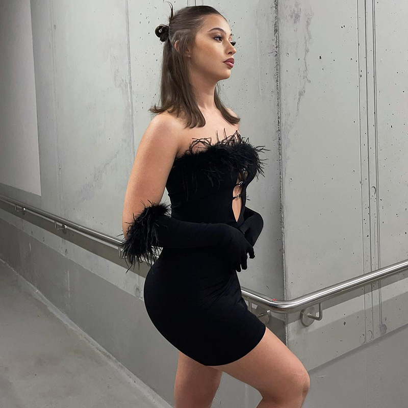 New Summer Ins 2023 da donna popolare una linea collo scava fuori guanti a maniche lunghe abito petto avvolto in pelliccia_voghion.com