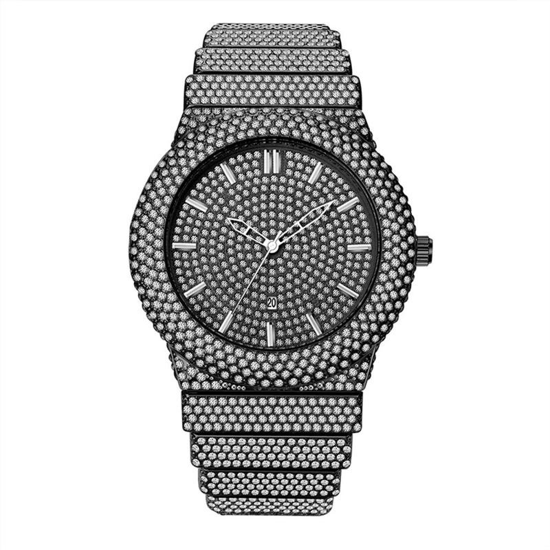 Luxuriöse Hip-Hop-Herrenuhr mit Diamantakzenten und Gold-Finish – Datumsanzeige, Quarzwerk, modisches Statement, Hip-Hop-Diamant, Luxus, goldenes Datum_voghion.com