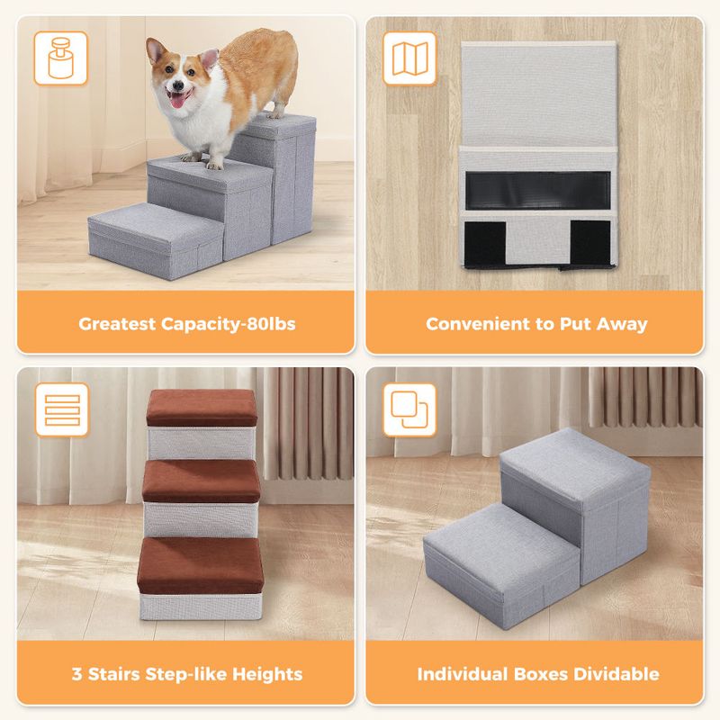 3-Tier Dog Stairs for Small Foldable Pet Stair with Storage Box and Condo Adjustable Height Steps for Couch/Bed Folding Non-Slip_voghion.com