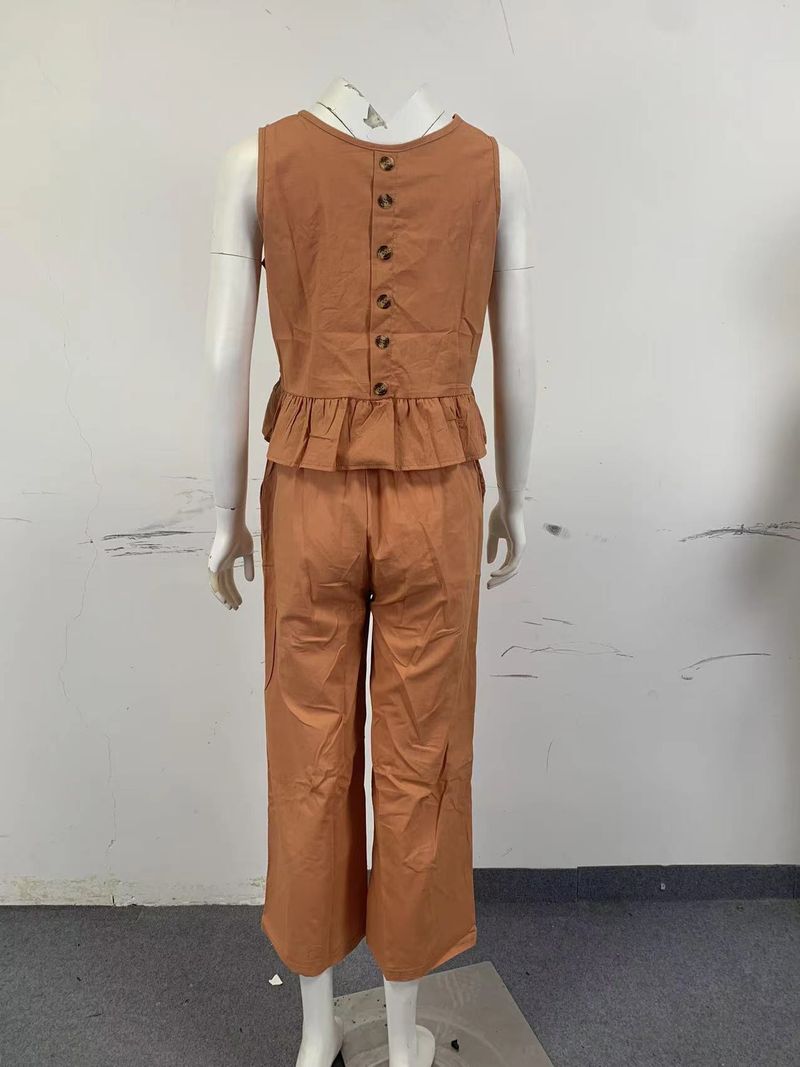 Ärmelloses Rüschenoberteil und weit geschnittene Hose aus Leinen-Baumwolle für Damen – Bohemian-Sommeroutfit_voghion.com
