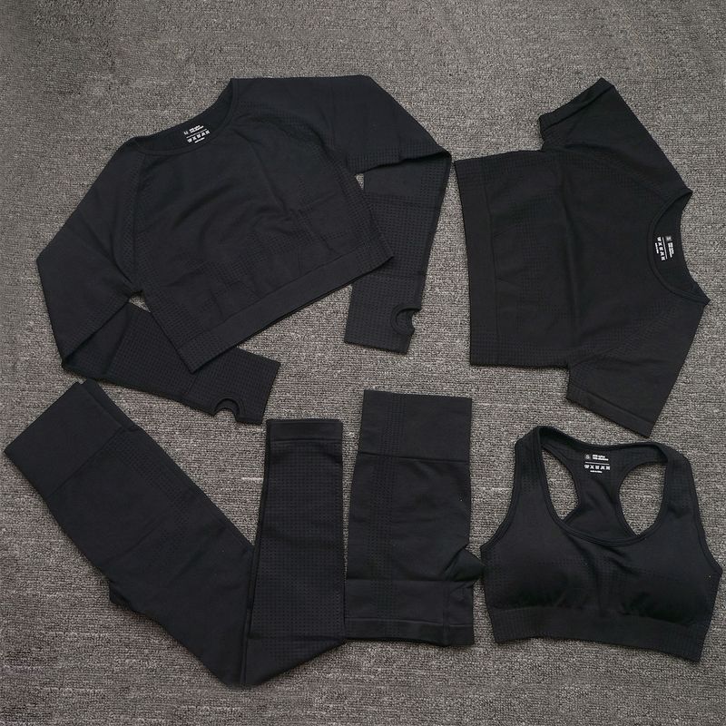 Αθλητικό κοστούμι γιόγκα για γυναίκες χωρίς ραφή, γρήγορο στέγνωμα, κλασικό κοστούμι γυμναστικής πέντε τεμαχίων με μακριά μανίκια_voghion.com