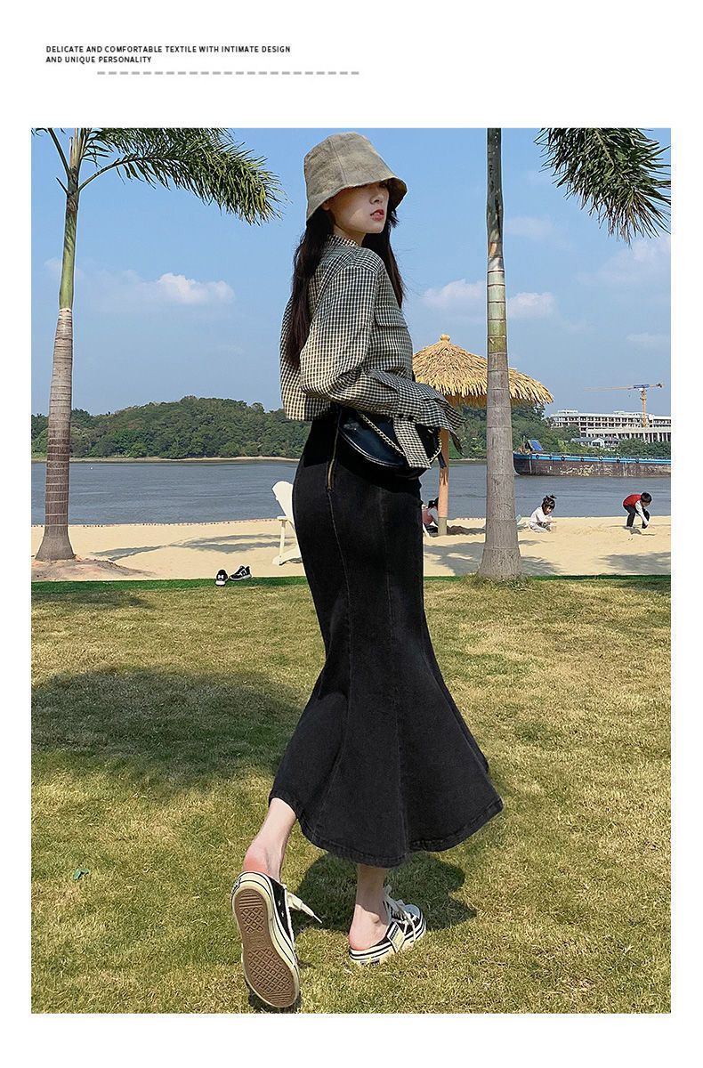 Fish tail half women's summer thin high waisted slit denim skirt, design sense, medium length elastic wrap around the_voghion.com