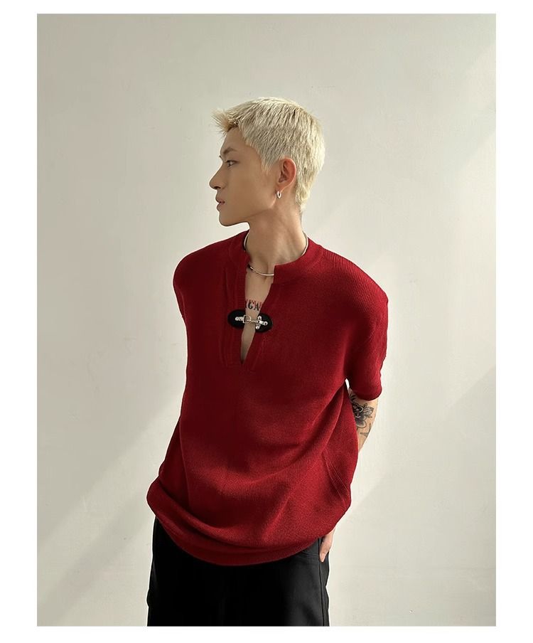 Maglietta estiva da uomo con fibbia in pelle, scollo a V, maglia sottile a maniche corte, di nicchia e alla moda._voghion.com