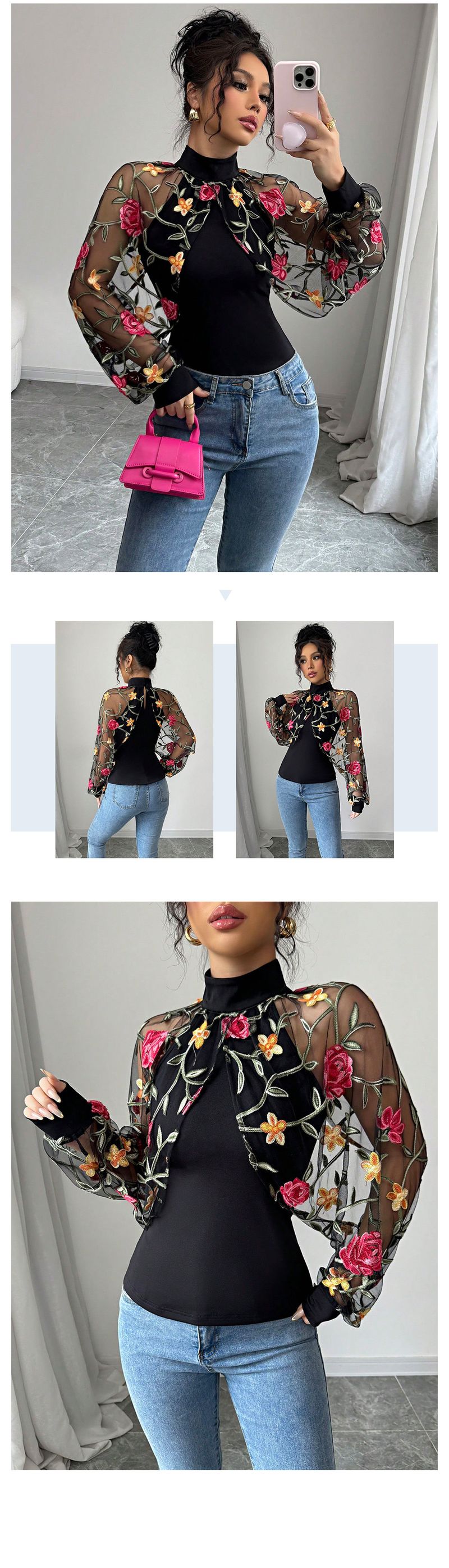 Maglietta sexy da donna con scollo a V, maniche lunghe, plissettata, in pizzo floreale ricamato, con volant, elegante camicetta femminile_voghion.com