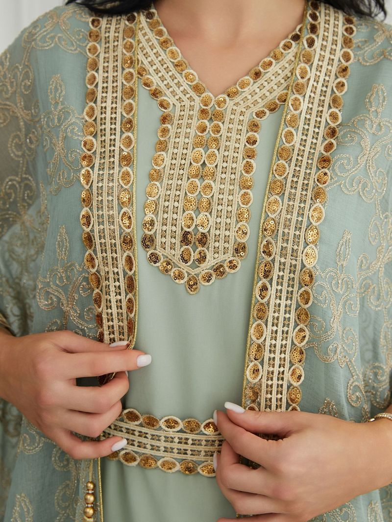 Elegantes, besticktes Abaya-Kleiderset mit Weste aus Dubai für Muslime – langärmliges Maxikleid mit Blumenspitze für Damen (Hellgrün, M/L/XL/XXL)_voghion.com