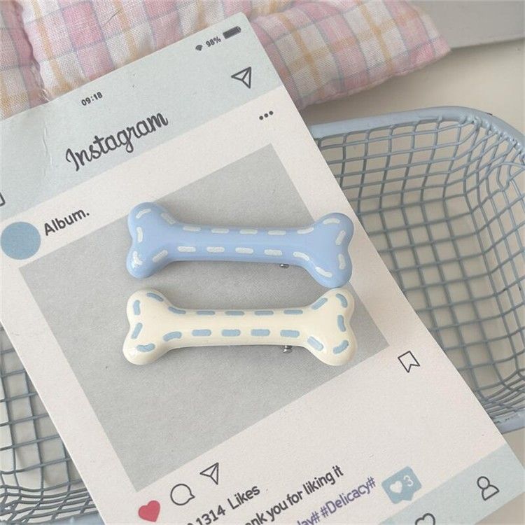 Fermaglio per capelli a forma di osso con frangetta blu crema, fermaglio laterale, dolce e versatile, forcina a forma di cuore, accessorio versatile per capelli da ragazza_voghion.com