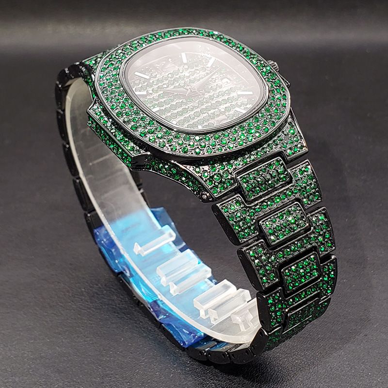 Modische quadratische Uhr für Herren und Damen mit bunten Diamanten, wasserdicht, Quarzwerk, Kalenderfunktion, Schmetterlingsschließe aus Edelstahl_voghion.com