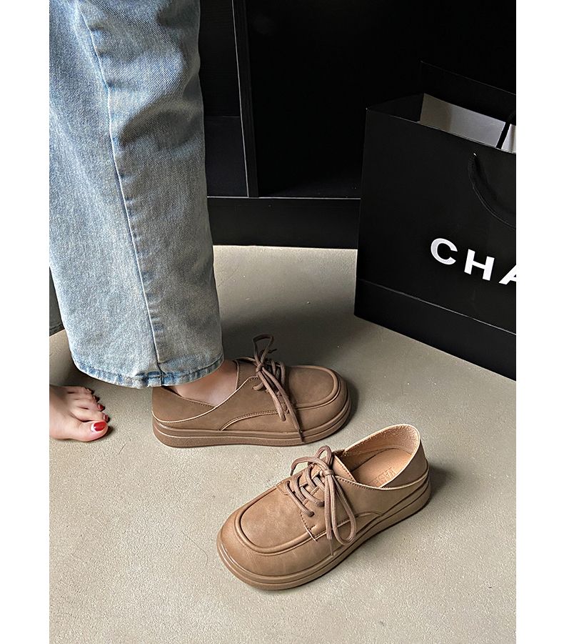 Lace-up Small Leather Shoes For Women British Style Retro Loafer Shoes For Women Spring And Autumn Thick Soled Soft Soled Bean Shoes Leather Casual_voghion.com