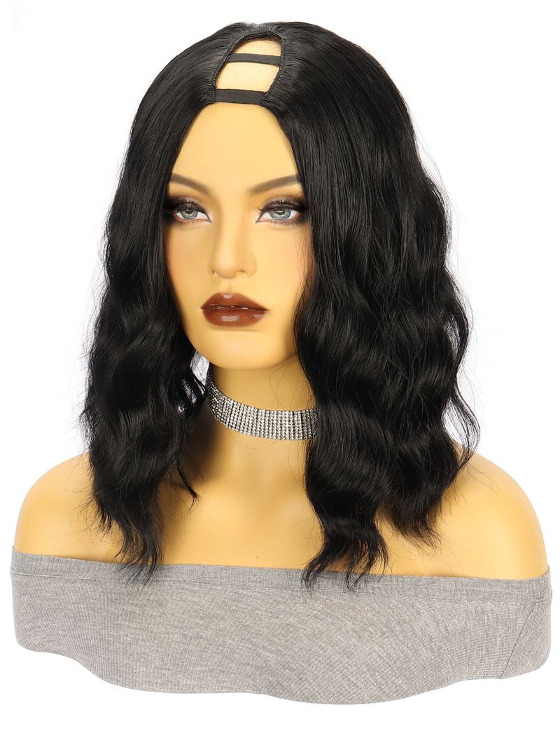 Synthetic Hair Wigs Women's Wigs V PART Black Middle Parted Short Curly Hair Water Ripples Synthetic Head Wigs_voghion.com
