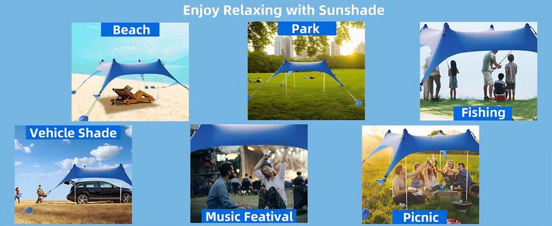 Tenda da spiaggia in lycra con protezione solare UPF 50+ stampata, per campeggio, antivento, portatile, montaggio rapido in 2 minuti, include borsa per il trasporto e 6 picchetti._voghion.com