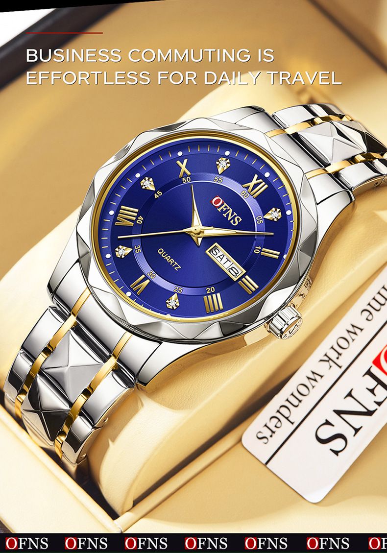 Orologio al quarzo di lusso da uomo con dettagli in diamanti e cinturino in acciaio inossidabile con rivetti - Doppio display di data e settimana, orologio elegante resistente all'acqua_voghion.com