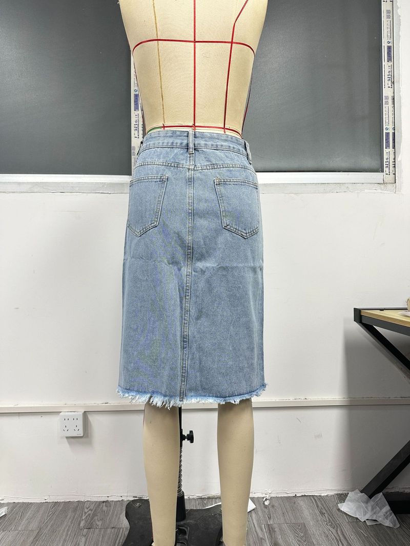 Gonna in denim a vita alta, di media lunghezza, con spacchi, aderente ai fianchi, per donna; stile europeo e americano._voghion.com