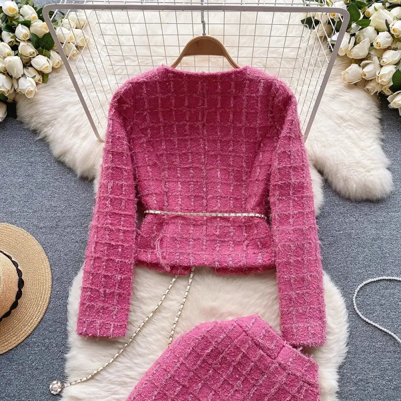 Two Piece Dress Modphy Autumn Fashion Rose Red Woolen Set Women Golden Button Chain Belt Tweed Short Jacket Coat Split_voghion.com