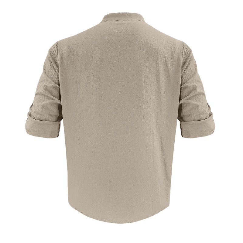 Camicia da spiaggia a maniche lunghe, semplice, traspirante, in lino, casual e ampia, da uomo, stile hawaiano, stile transfrontaliero americano._voghion.com