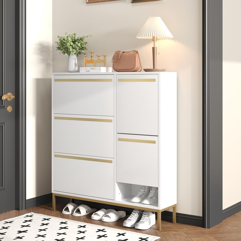 Schuhschrank Mit Hocker, Klappbarem Regal, Glänzender Oberfläche_voghion.com
