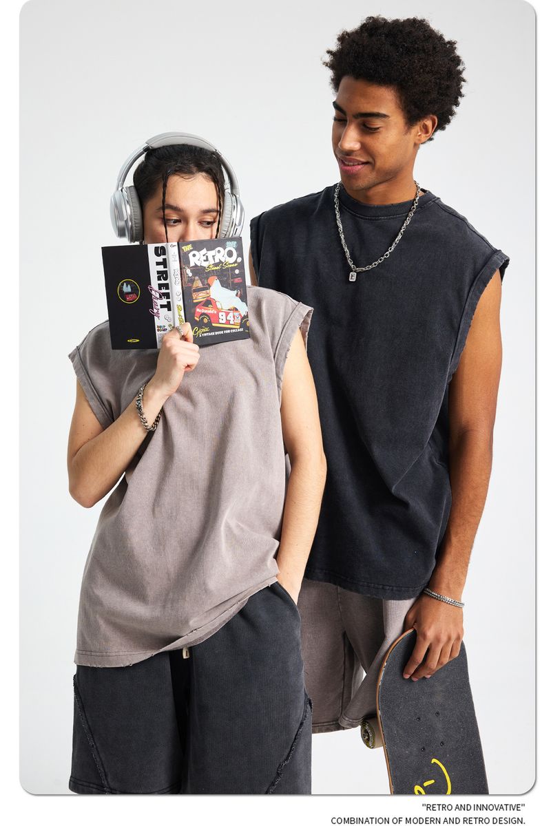 Gilet da uomo con orlo in batik, gilet da uomo con toppa, cuciture, lavaggio in acqua, maglietta retrò senza maniche da uomo_voghion.com