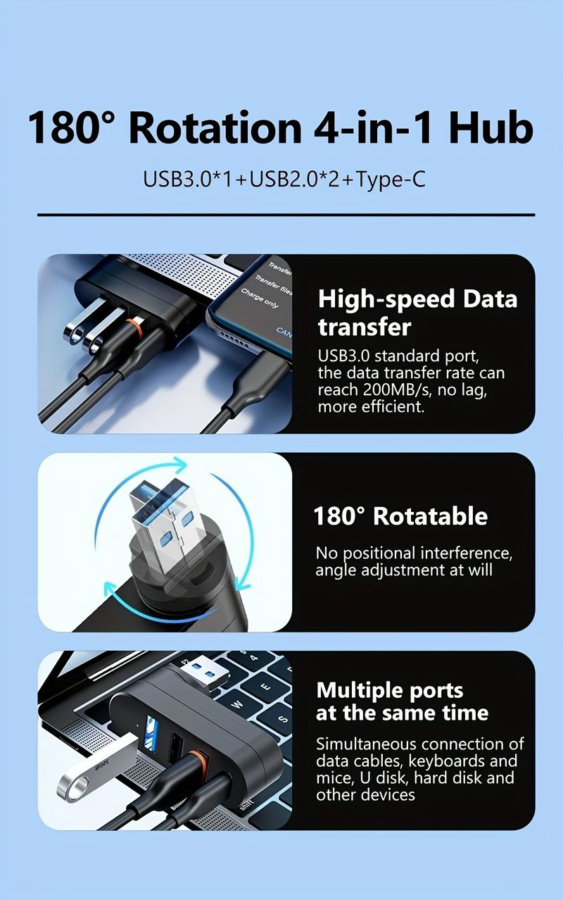 4 IN 1 180 Degree Rotation Port Multi Type-C Splitter Power Adapter Multiple Expander 2.0 USB 3.0 Hub For PC_voghion.com