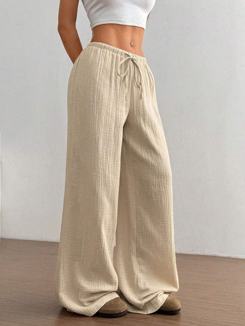 Elegant High-Waisted Wide-Leg Pants For Women - Soft Cotton Stretch Comfortable Casual Trousers With Drawstring Waist_voghion.com