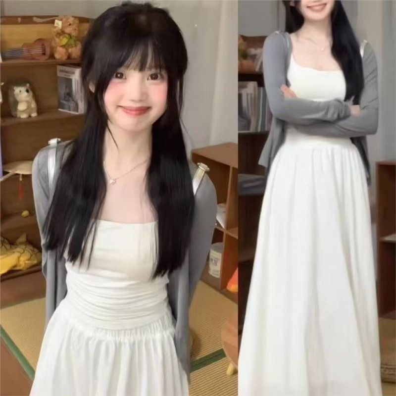 Gentle Camisole Long Sleeve Korean Style Cardigan Slimming New Lazy Gray High Waist Skirt Three-Piece Set_voghion.com