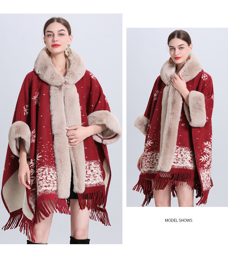 Dameskleding losse plaid plus fluwelen dikke bontkraag gebreide sjaal cape dameswollen sjaaljas_voghion.com