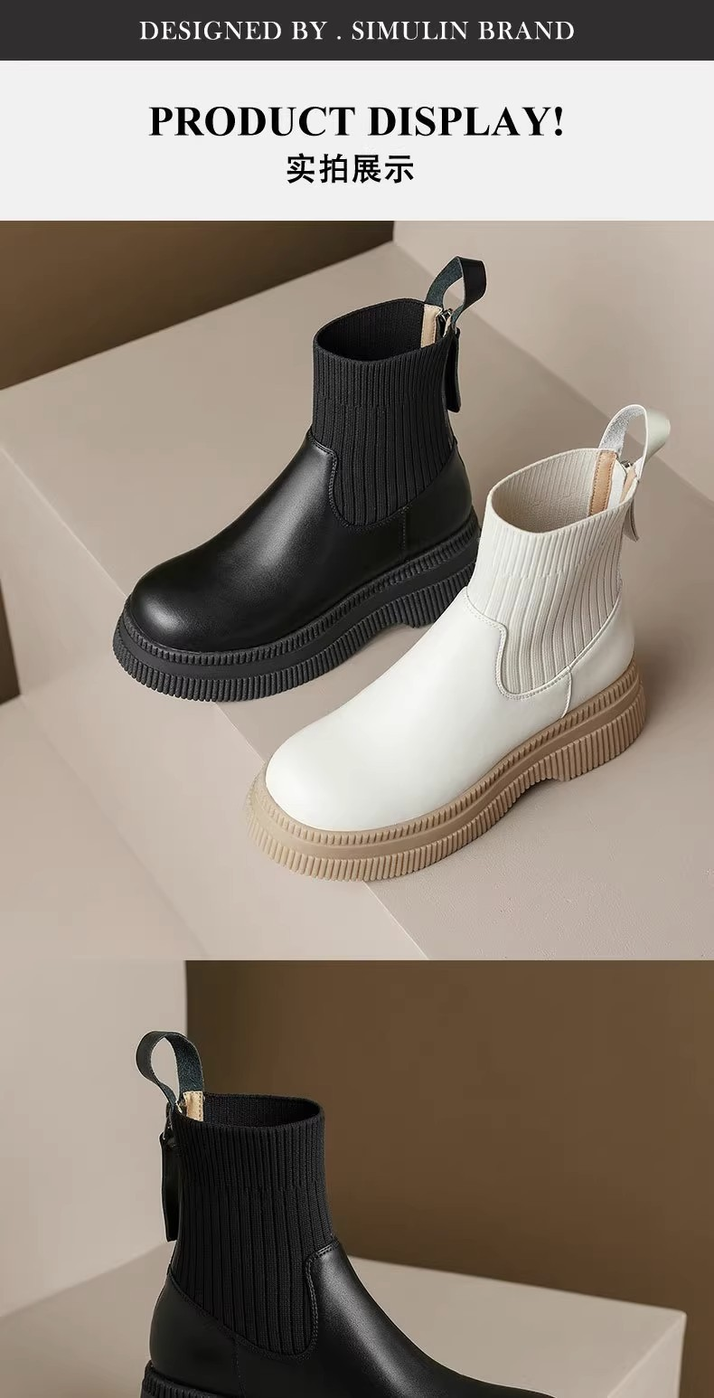 Thick Soled Short Boots Soft Leather New Round Head Autumn And Winter British Style Zipper All Match Heightened Socks Boots Knitted Casual_voghion.com