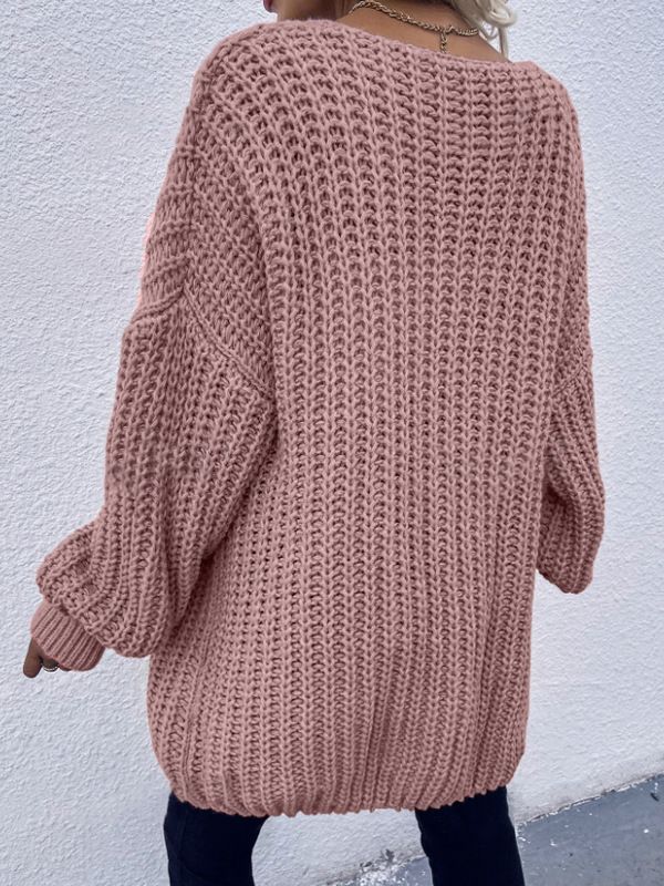 Women's Clothing Fashion Knitted Cardigan Temperament V Neck Solid Color Long Sleeved Sweater Jacket_voghion.com