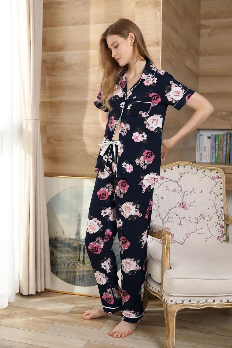 Pyjama Dames Zomer Plantenprint Korte Mouw Shirt Lange Broek Tweedelige Set Huiskleding Pamas_voghion.com