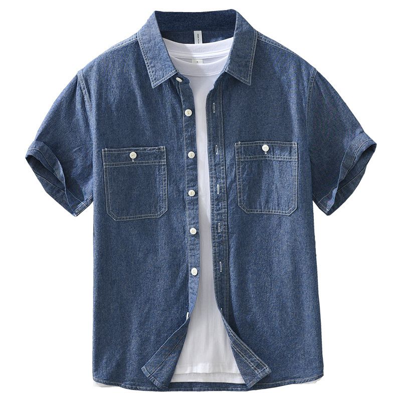 Retro Denim Short Sleeved Shirt For Men, Fashionable And Versatile, Artistic And Casual Loose Top_voghion.com
