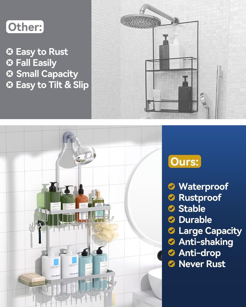 2-Tier Shower Organizer | Aluminum Hanging Rack | Razor Hook & Soap Dish | 18kg | EU Space Saver_voghion.com