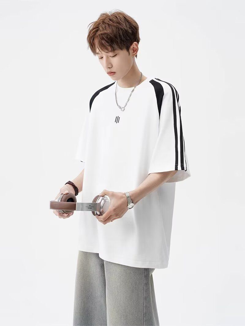 Men's Fashion Short Sleeve T-Shirt Breathable Ice Silk Fabric Relaxed Fit Round Neck Color Blocking Design Versatile Casual Wear For Young Adults_voghion.com