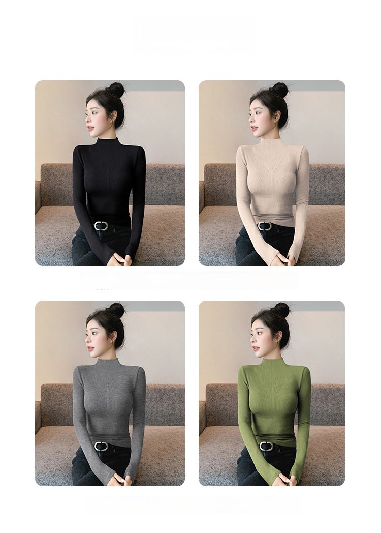Camisa de gola alta feminina, nova, outono/inverno, 2025, camada interna, forro de lã, alta qualidade, ajuste fino, malha fina_voghion.com