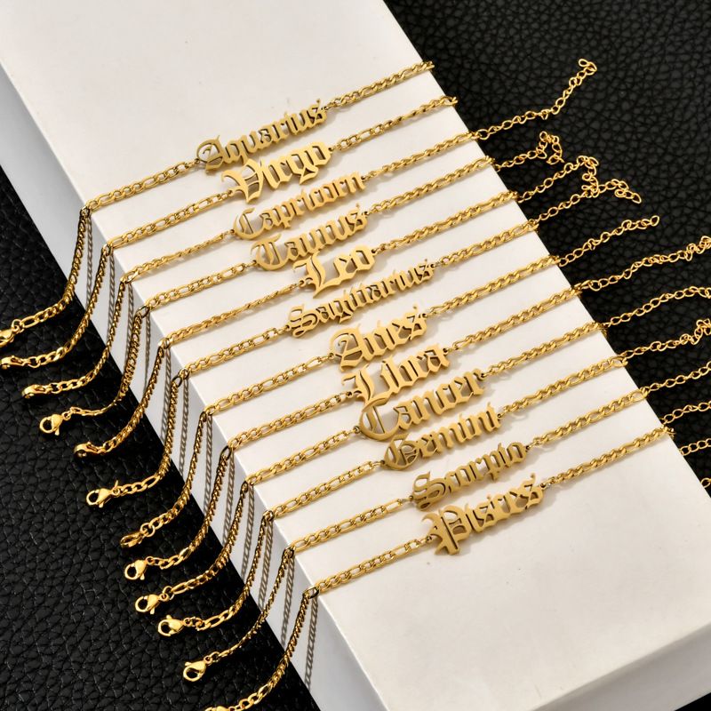 Cavigliera in acciaio inossidabile color oro vero con alfabeto inglese e zodiaco, gioielli per il piede da donna, set di accessori semplici e versatili_voghion.com