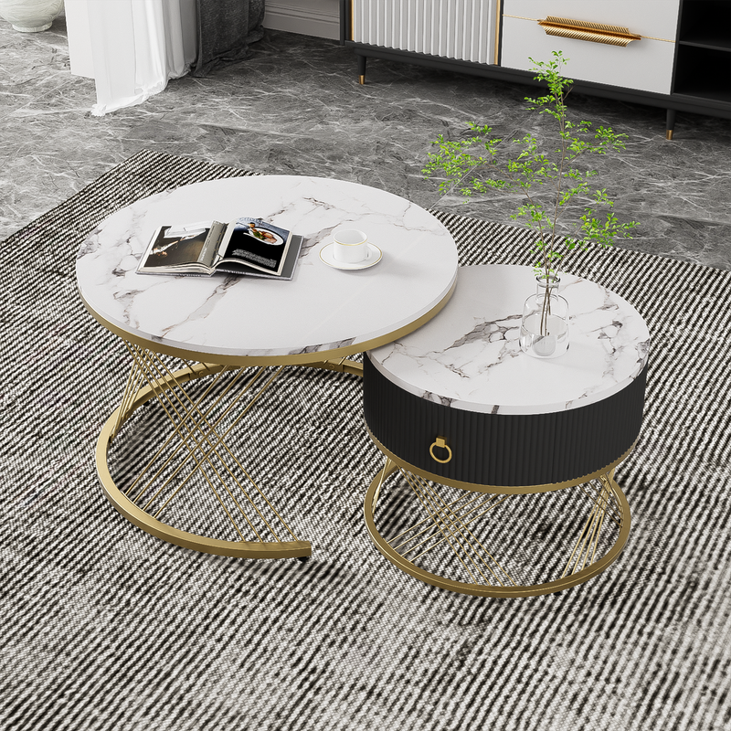 Ensemble de tables basses modulaires élégantes : aspect marbre avec touches dorées, tables d'appoint gigognes avec tiroirs – Ensemble 2 pièces_voghion.com