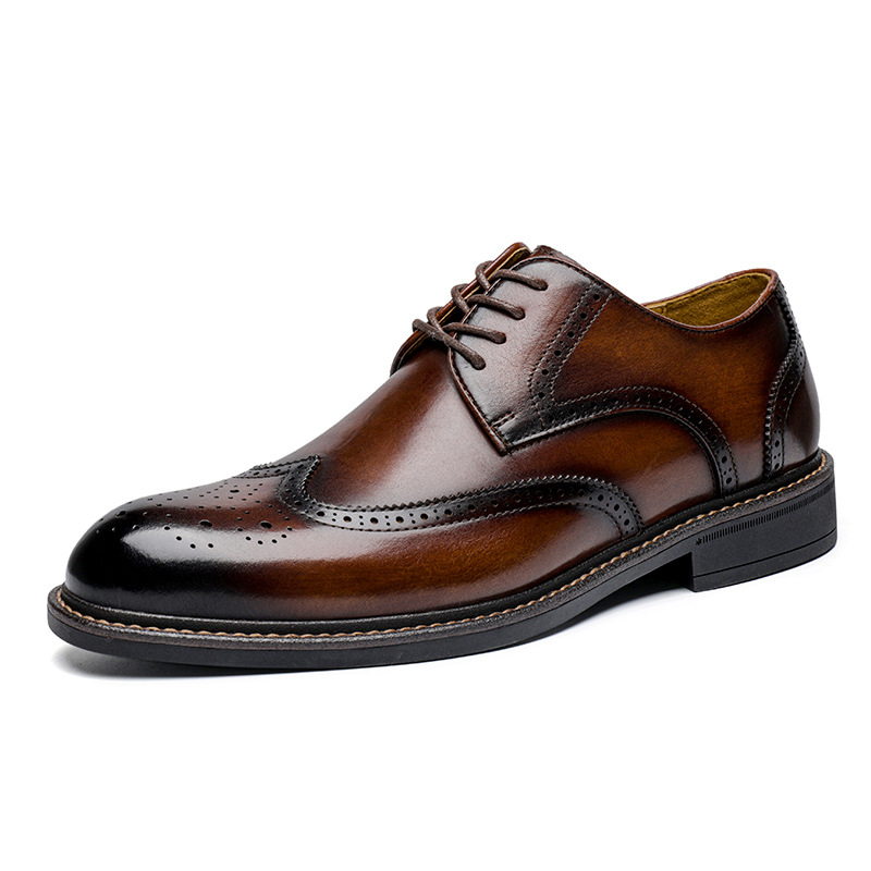 Frühling Echtes Business Casual Weiche Sohle Derby Herren Leder Handgefertigte Block Hochzeitsschuhe im britischen Stil_voghion.com