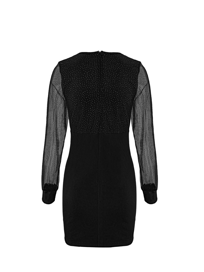 Elegante abito aderente a maniche lunghe con scollo a V in rete e paillettes per donna - Inserto trasparente sexy, vestibilità lusinghiera, versatile per l'ufficio e la sera_voghion.com