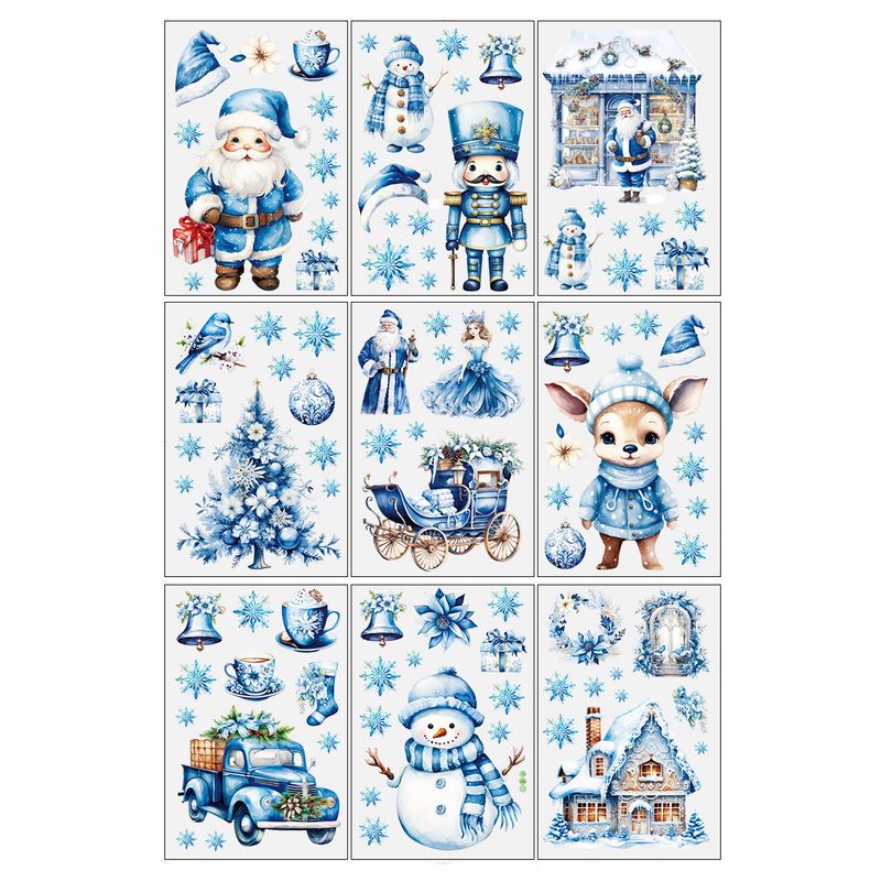 Adesivo decorativo natalizio statico per finestra con Babbo Natale, alce e pupazzo di neve blu, personalizzabile, transfrontaliero_voghion.com