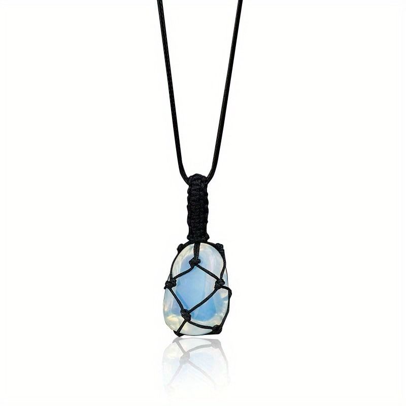 Hand-Woven Amethyst & Agate Pendant Necklace - Irregular Raw Stone Woven Net Bag Sweater Chain For Boho & Hippie Style (18")_voghion.com