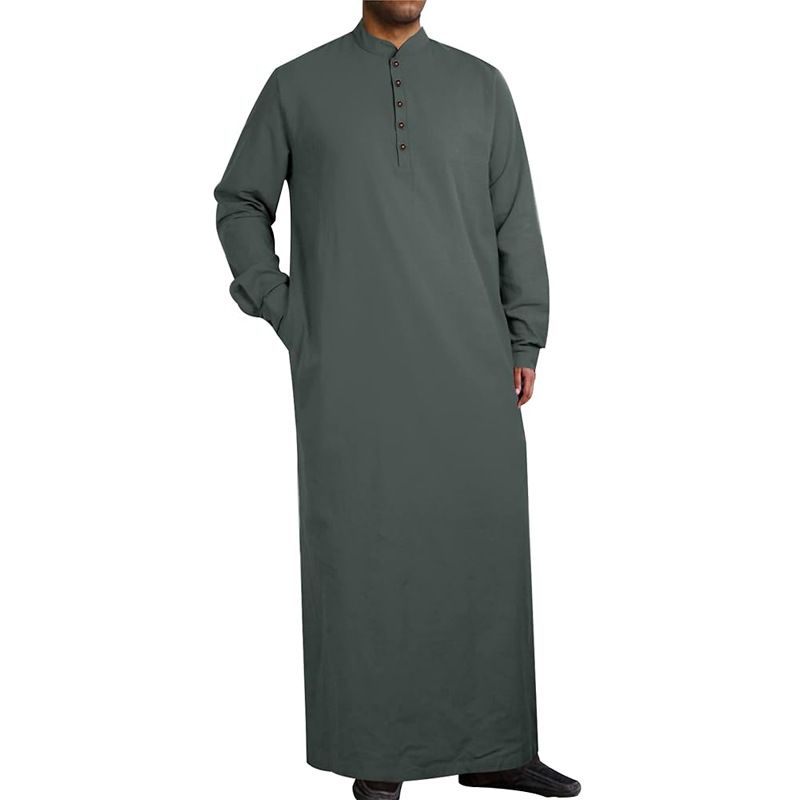 Men's Clothing Simple Cotton And Linen Long Men's Stand Collar Button Muslim Robe With Pockets_voghion.com