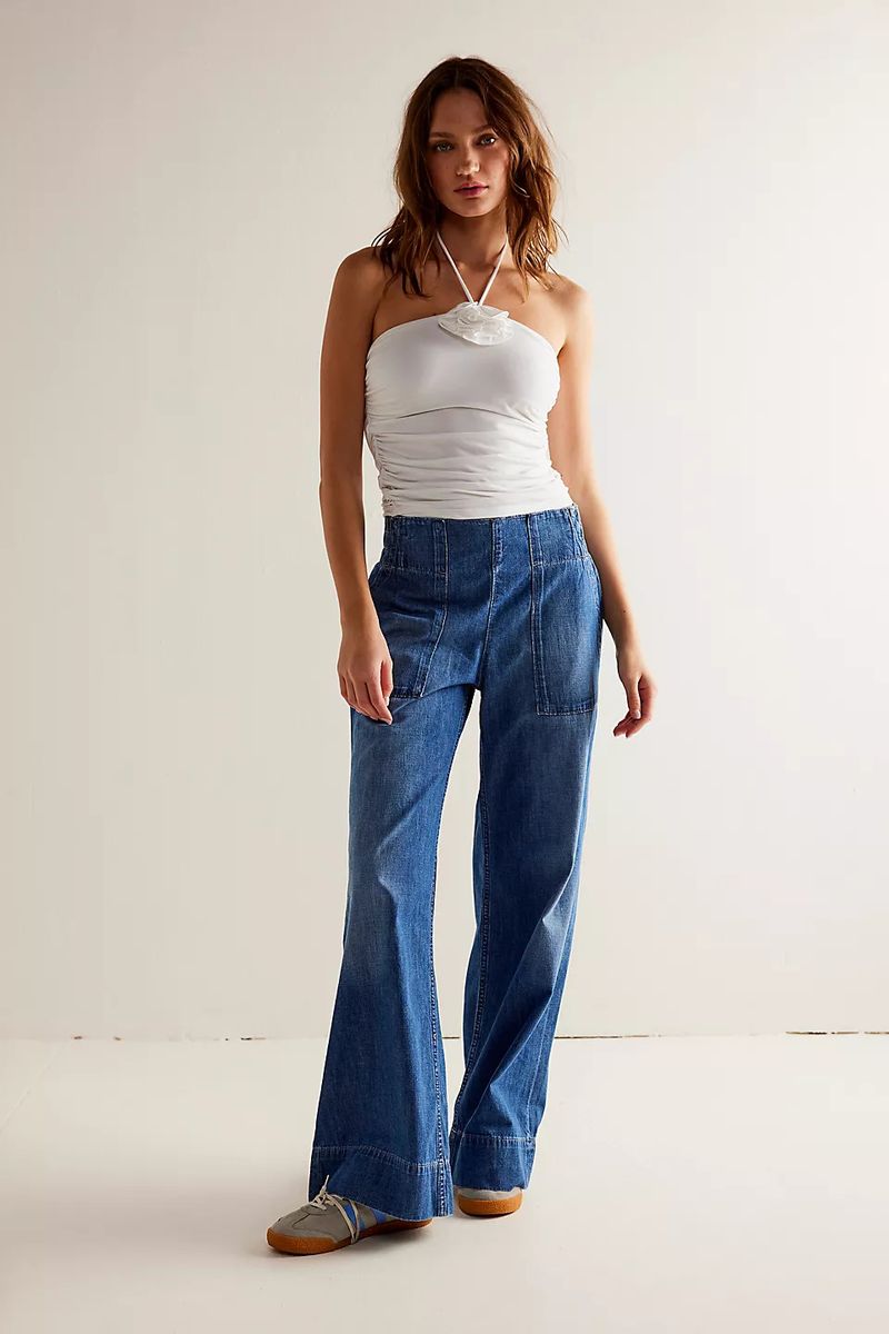 Pantaloni in denim larghi a vita bassa alla moda per donna - Comodi pantaloni elastici in vita, gamba dritta, stile streetwear_voghion.com