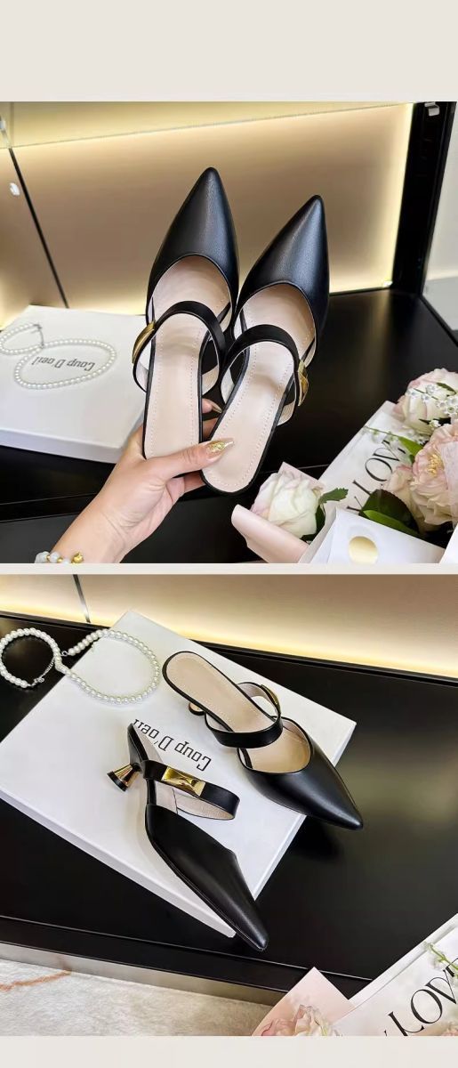 Flacher Halbschuh aus Metall mit Katzenmotiv für Damen im Frühjahr/Sommer 2025, mit Zehenkappe, mittelhohem Absatz und einer leeren, spitzen M_voghion.com